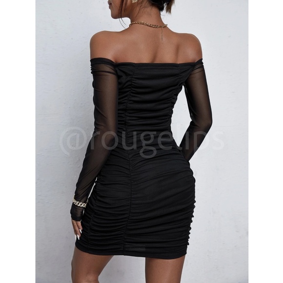 Black Off Shoulder Mesh Ruched Long Sleeve Mini Dress - Picture 5 of 6